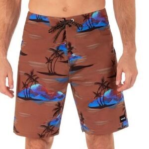 NWT Hurley Board Shorts Swim Phantom Quick Dry 4 Way Stretch Palm Tree Brown